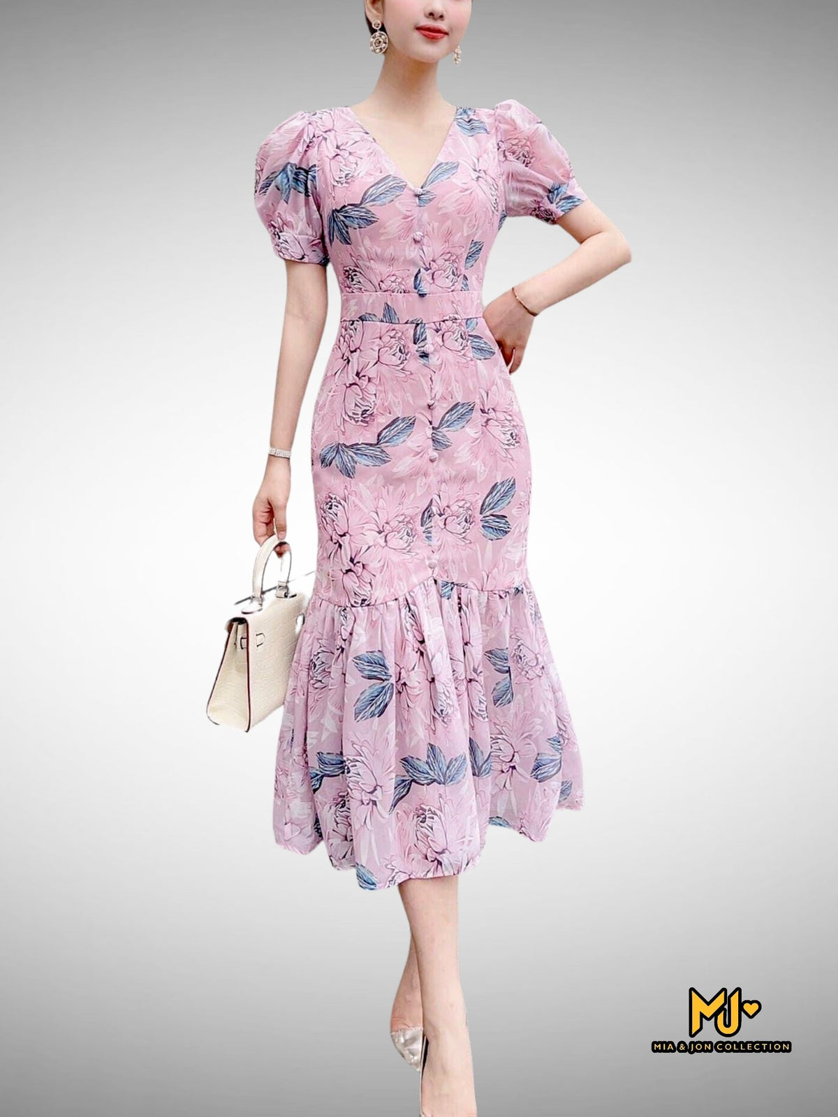 MJV1900 Floral Button Detail Mermaid Hem Dress - Mia & Jon