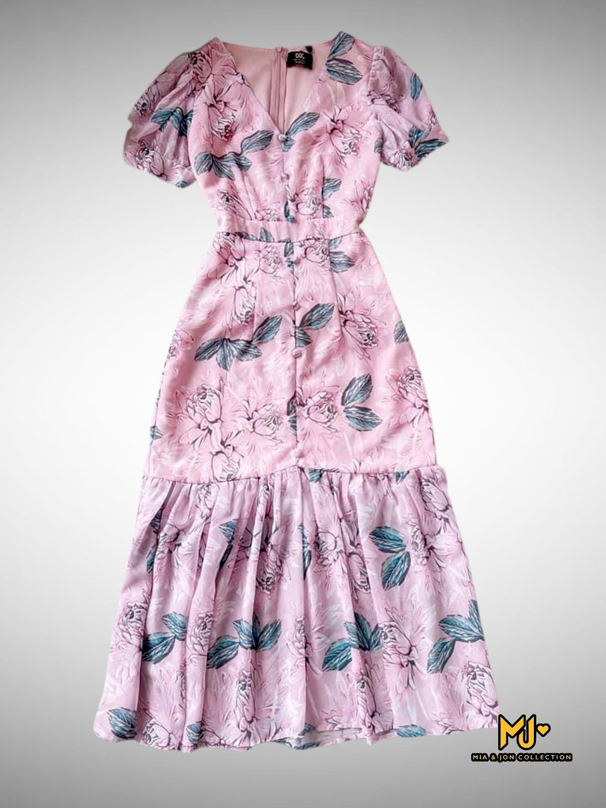 MJV1900 Floral Button Detail Mermaid Hem Dress - Mia & Jon