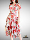 MJV1907 Floral Print V-Neck Puff Sleeve Chiffon Dress - Mia & Jon