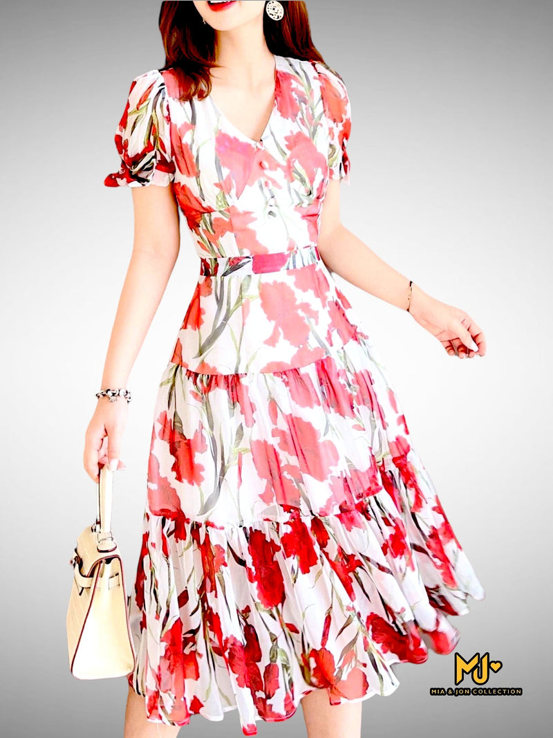 MJV1907 Floral Print V-Neck Puff Sleeve Chiffon Dress - Mia & Jon