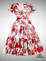 MJV1907 Floral Print V-Neck Puff Sleeve Chiffon Dress - Mia & Jon