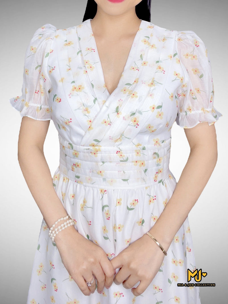 MJV1916 V-Neck White Floral Fit & Flare Dress - Mia & Jon