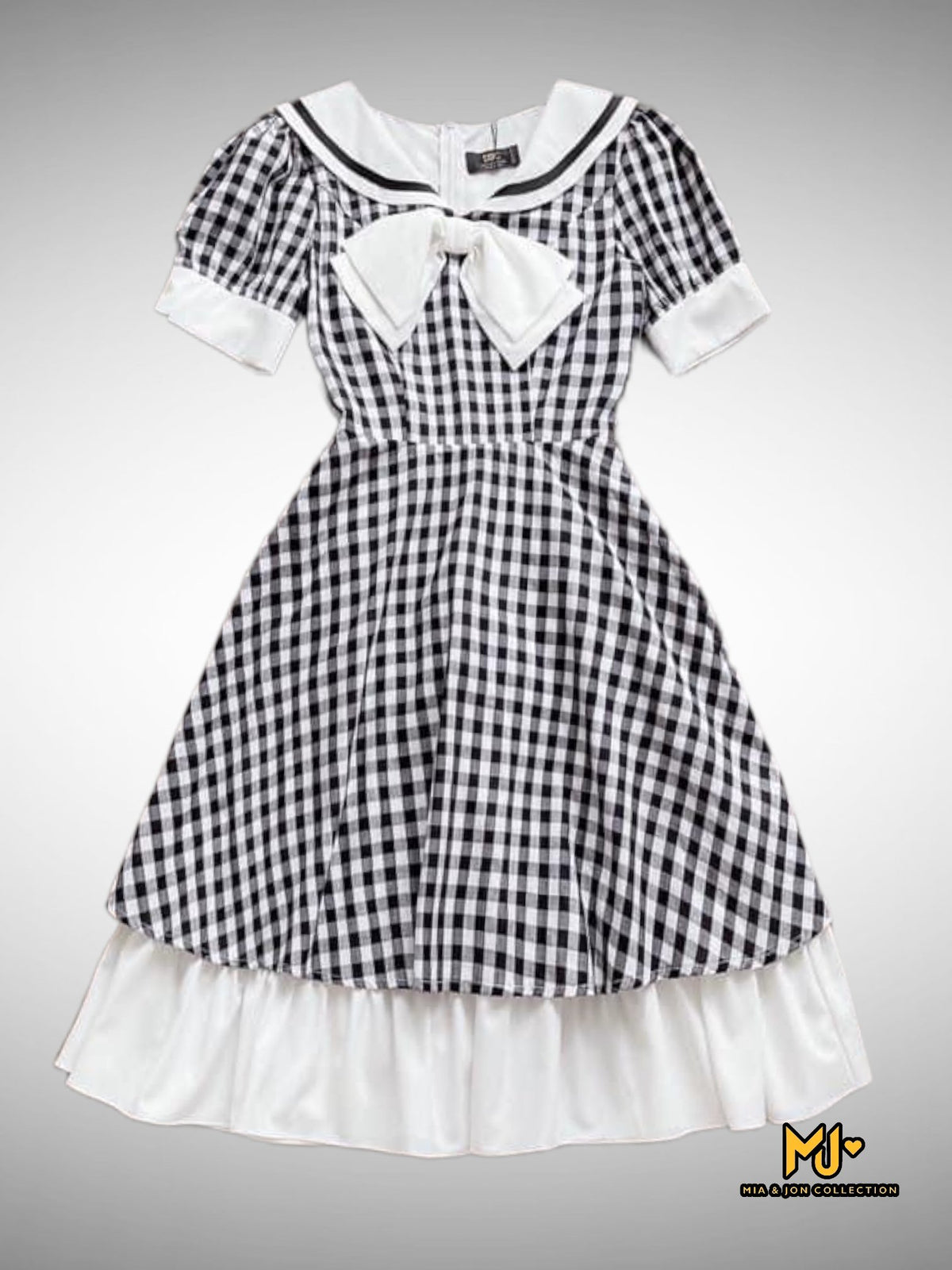 MJV1917 Sailor Collar Chest Bow Plaid Dress - Mia & Jon