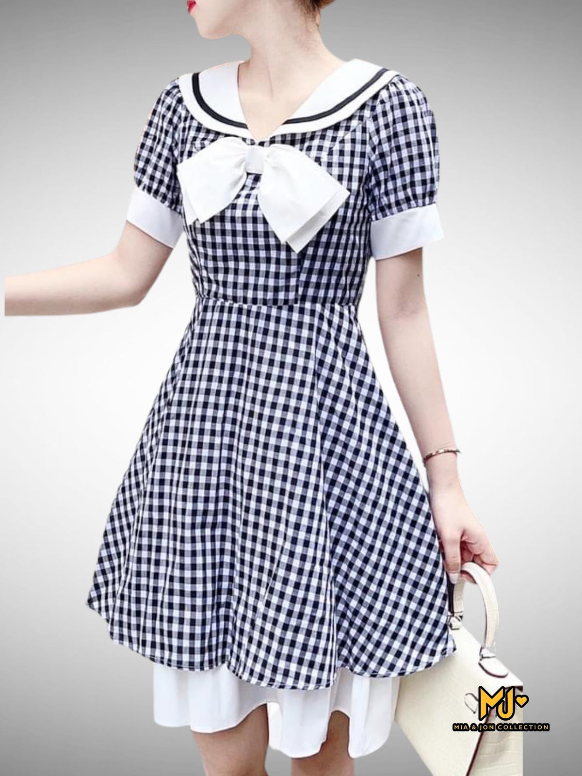 MJV1917 Sailor Collar Chest Bow Plaid Dress - Mia & Jon
