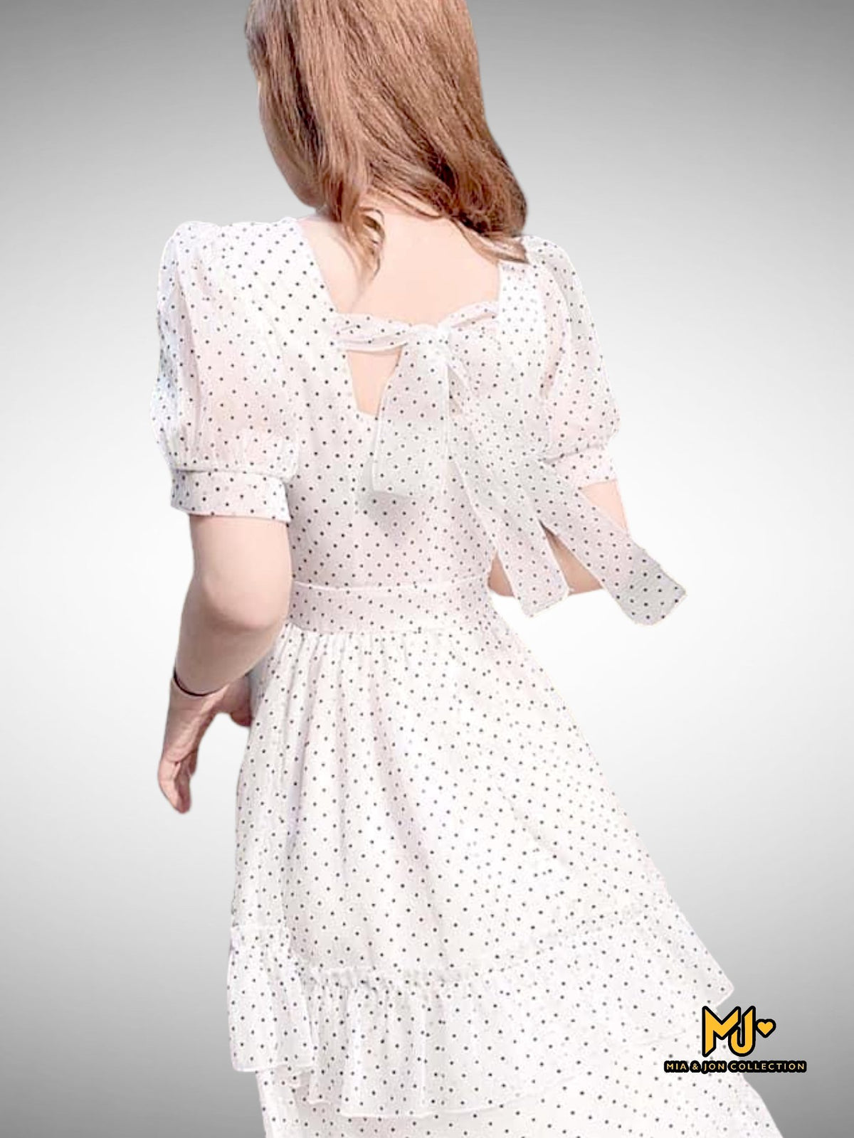 MJV1926 Ruffle Polka Dot Bow Tie Back Dress - Mia & Jon