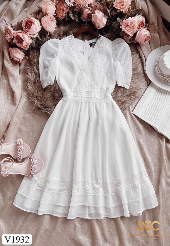 MJV1932 White V-Neck Fit & Flare Dress - Mia & Jon