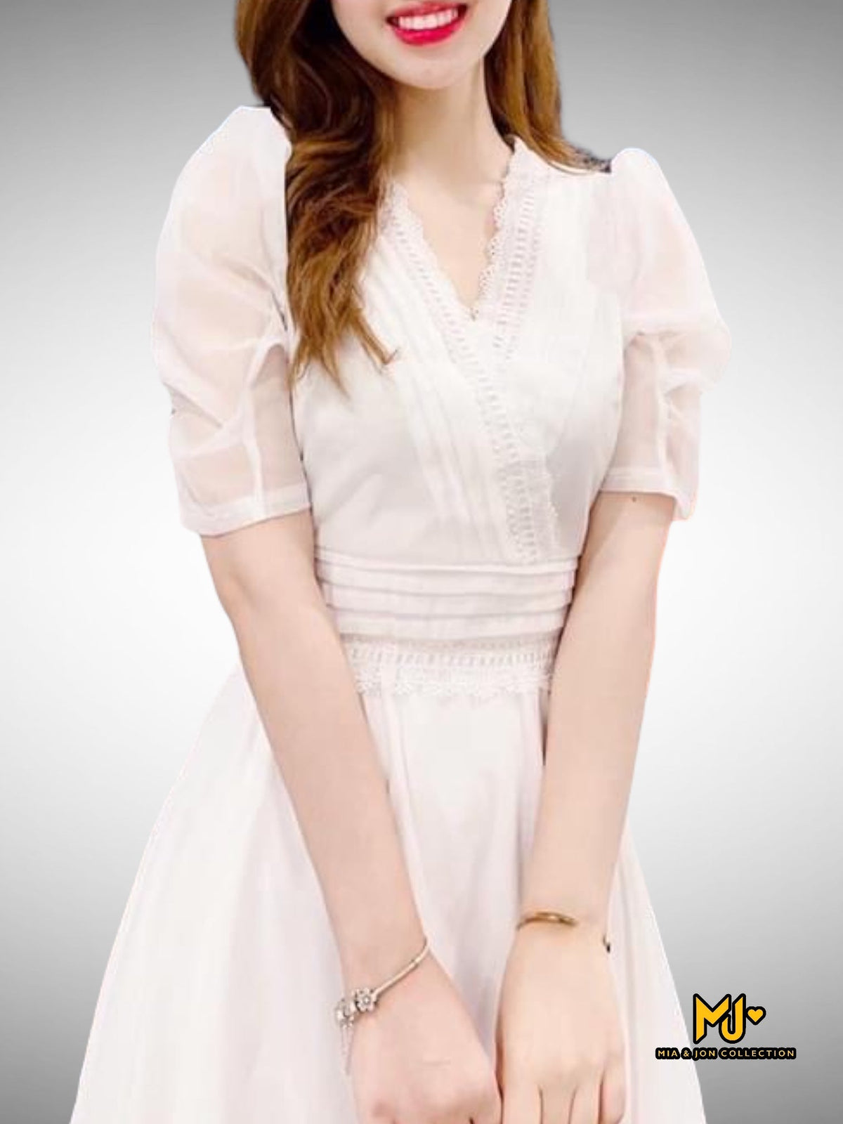 MJV1932 White V-Neck Fit & Flare Dress - Mia & Jon