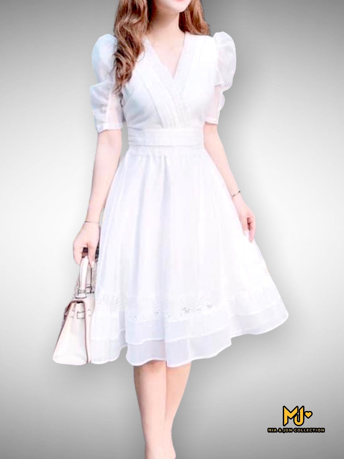 MJV1932 White V-Neck Fit & Flare Dress - Mia & Jon