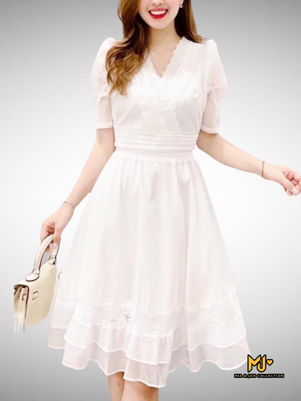 MJV1932 White V-Neck Fit & Flare Dress - Mia & Jon
