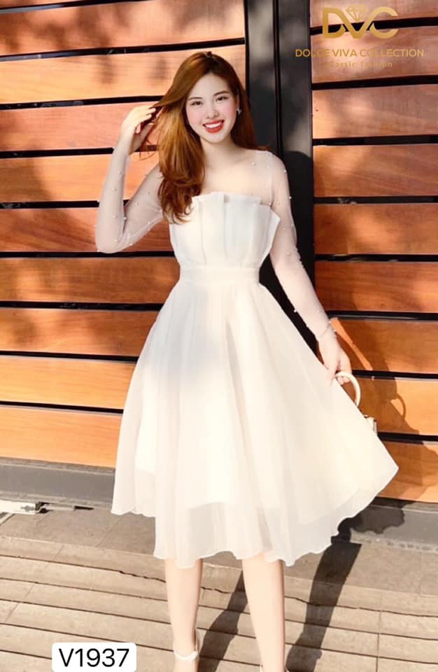 MJV1937 Lady's White Fit & Flare Chiffon Dress - Mia & Jon