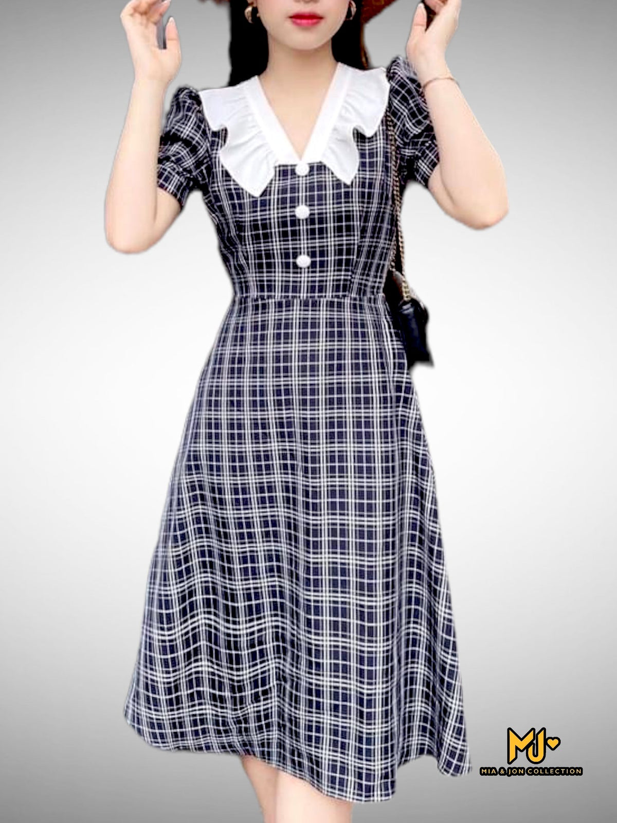 MJV1963 V-Neck Ruffle Three Button Plaid Dress - Mia & Jon