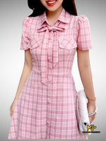 MJV1996 Pink Plaid Bow Tie Button Detailed Dress - Mia & Jon