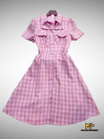 MJV1996 Pink Plaid Bow Tie Button Detailed Dress - Mia & Jon