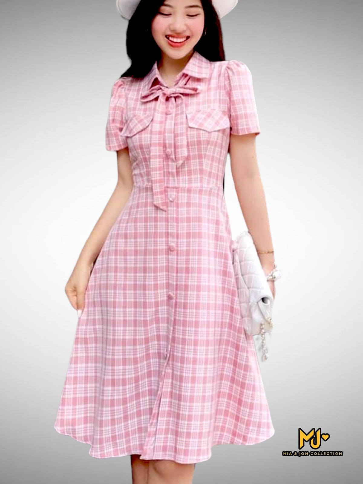 MJV1996 Pink Plaid Bow Tie Button Detailed Dress - Mia & Jon