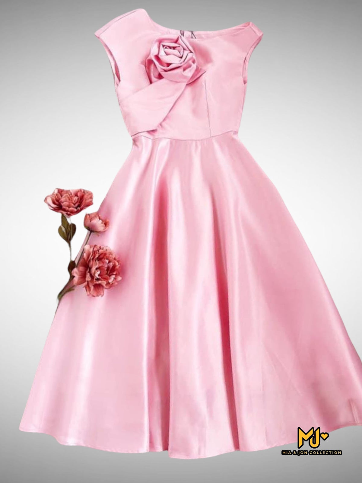 MJV2003 Asymetrical Off Shoulder Rose Midi Dress - Mia & Jon