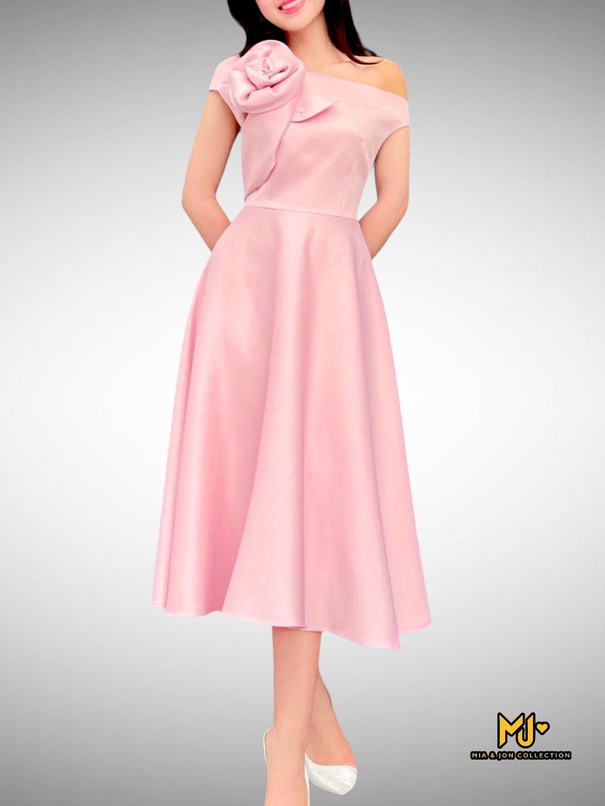MJV2003 Asymetrical Off Shoulder Rose Midi Dress - Mia & Jon