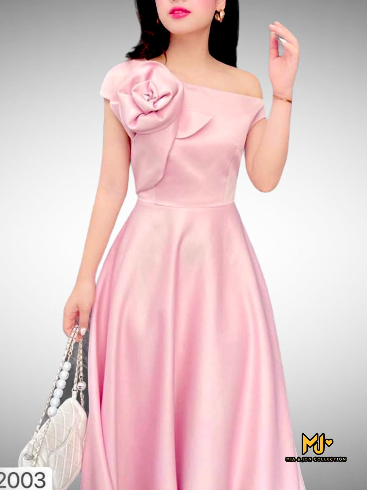 MJV2003 Asymetrical Off Shoulder Rose Midi Dress - Mia & Jon