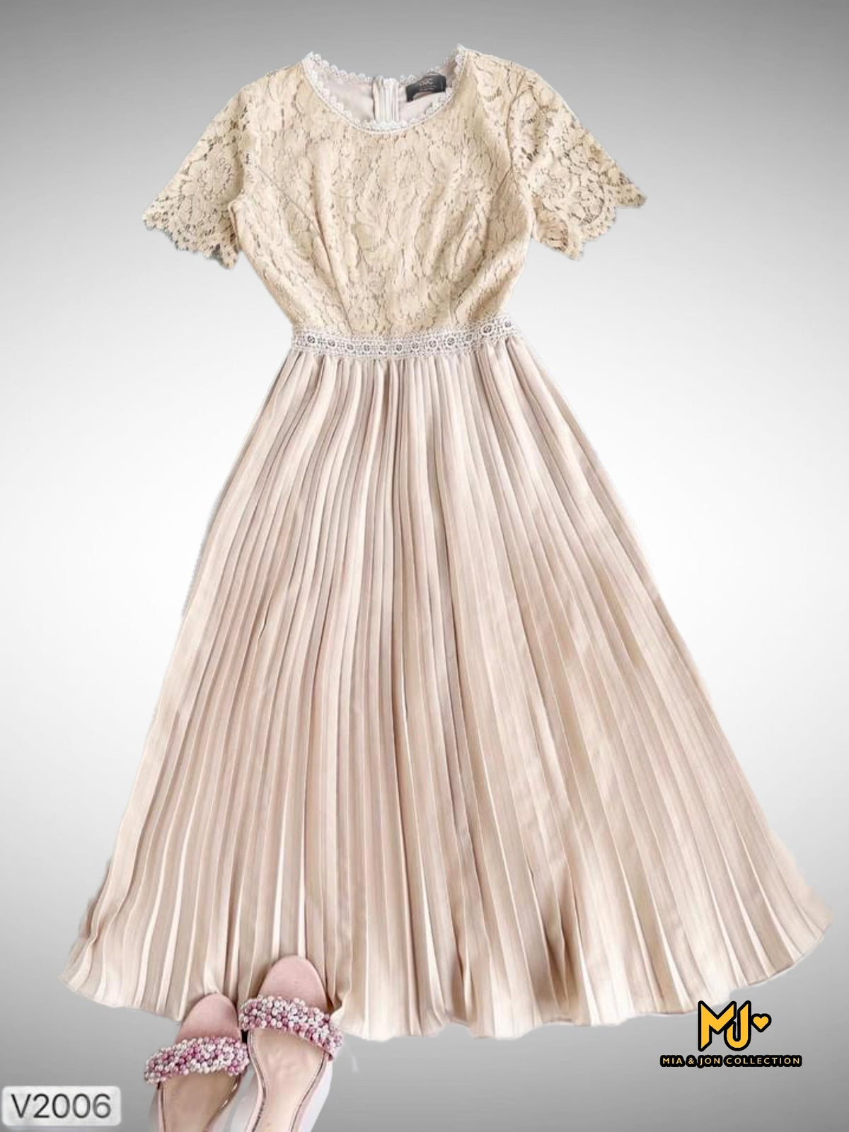 MJV2006 Ivory Lace Top Dress Pleated Midi Dress - Mia & Jon