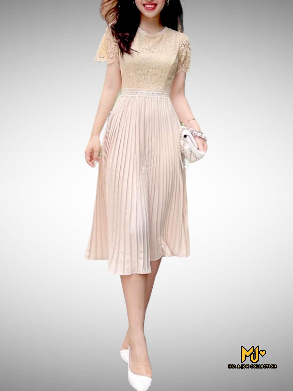 MJV2006 Ivory Lace Top Dress Pleated Midi Dress - Mia & Jon