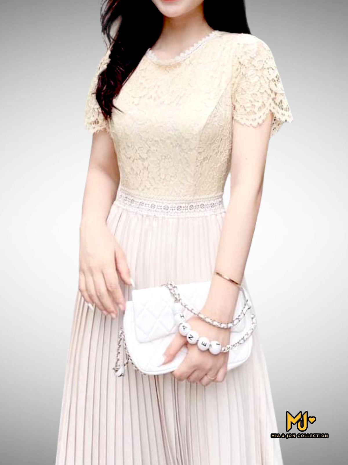 MJV2006 Ivory Lace Top Dress Pleated Midi Dress - Mia & Jon