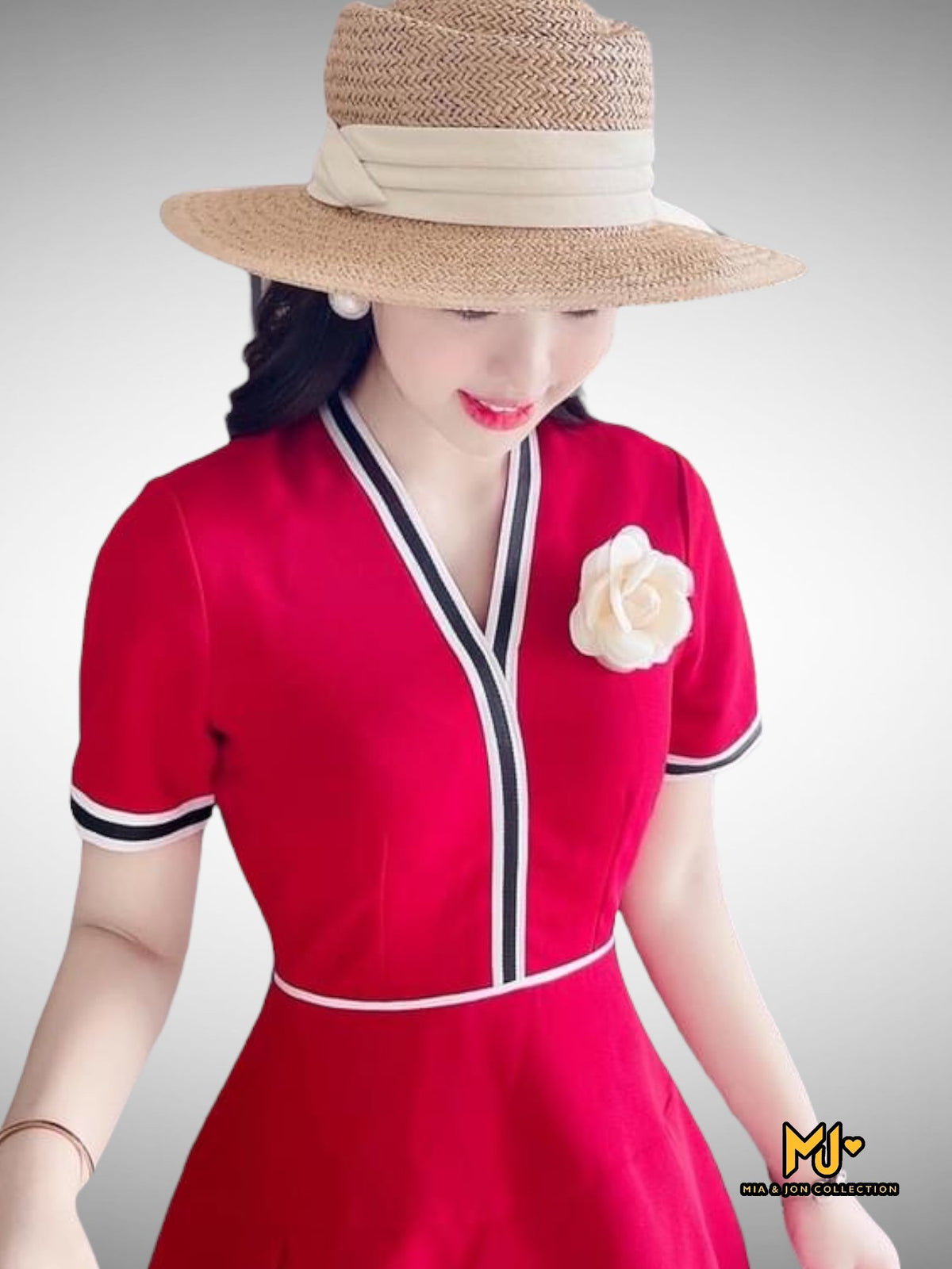 MJV2046 Red V-Neck Fit & Flare Dress - Mia & Jon