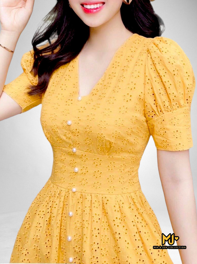 MJV2052 Yellow Eyelet Cotton Dress - Mia & Jon