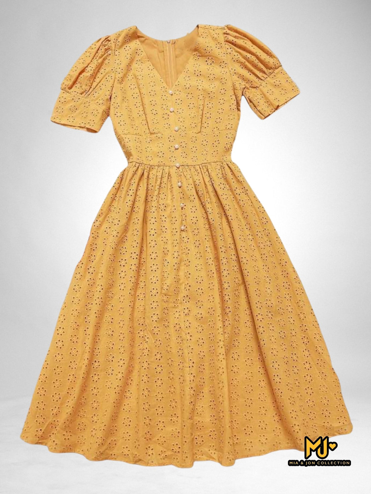 MJV2052 Yellow Eyelet Cotton Dress - Mia & Jon