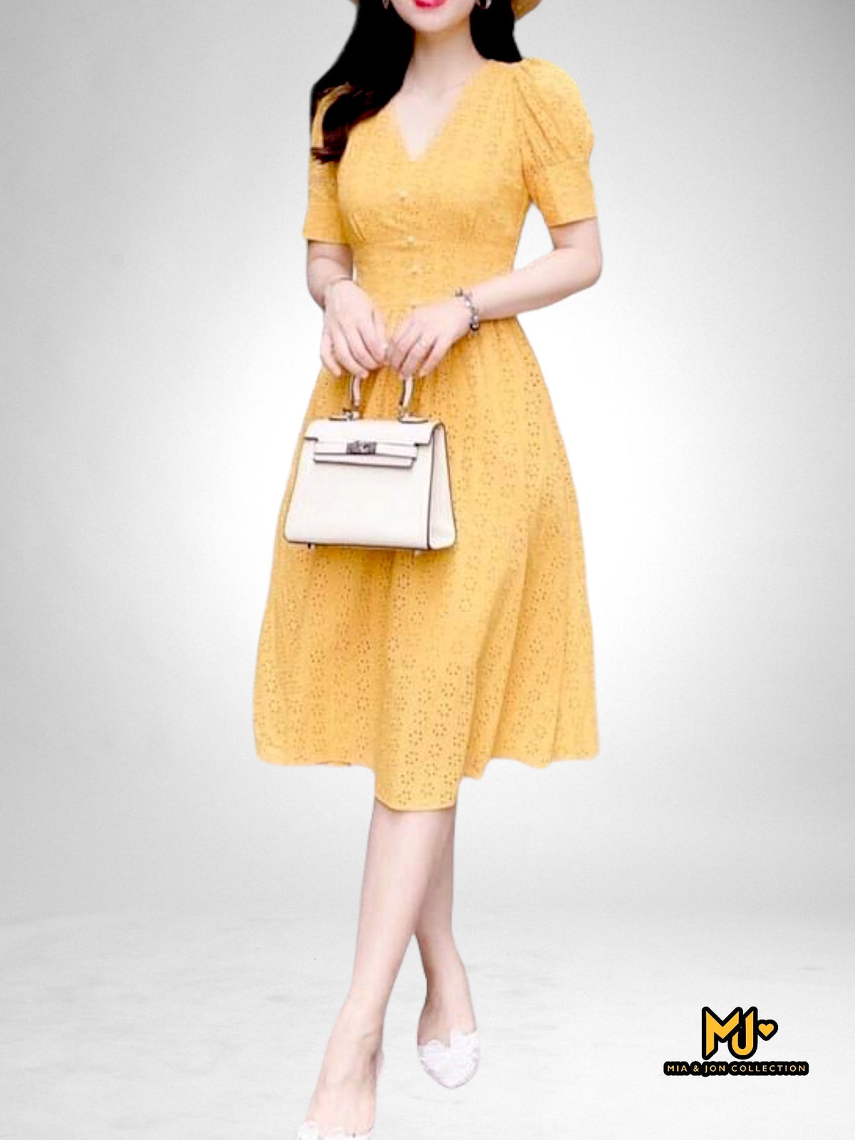 MJV2052 Yellow Eyelet Cotton Dress - Mia & Jon