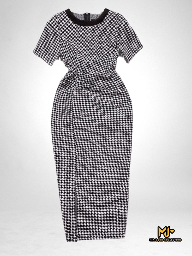 MJV2055 Houndstooth Slit Bodycon Midi Dress - Mia & Jon