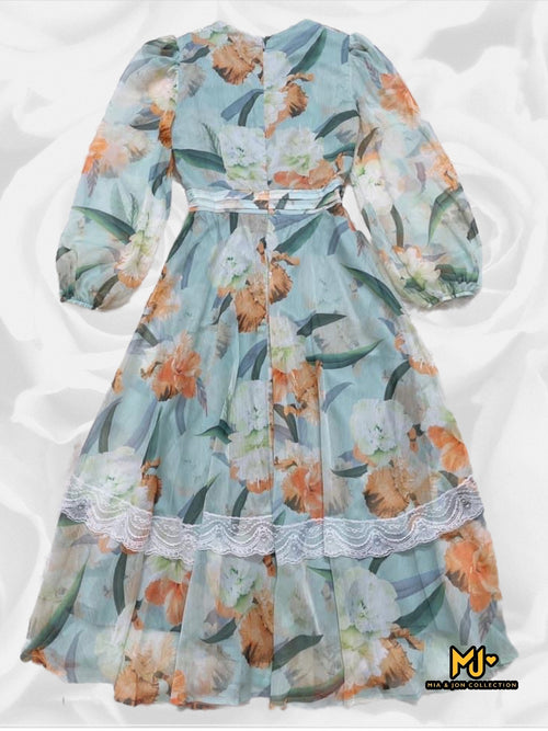 MJV2091 Floral Print Long Sleeve Chiffon Midi Dress - Mia & Jon