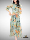 MJV2091 Floral Print Long Sleeve Chiffon Midi Dress - Mia & Jon