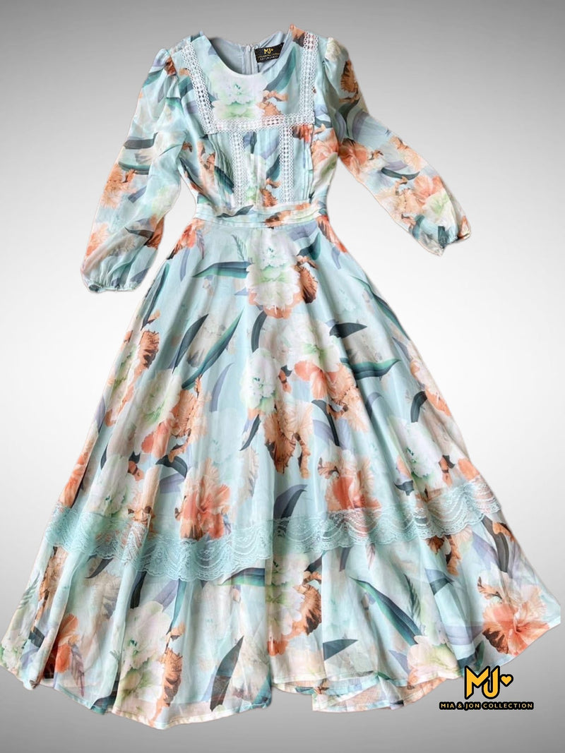 MJV2091 Floral Print Long Sleeve Chiffon Midi Dress - Mia & Jon
