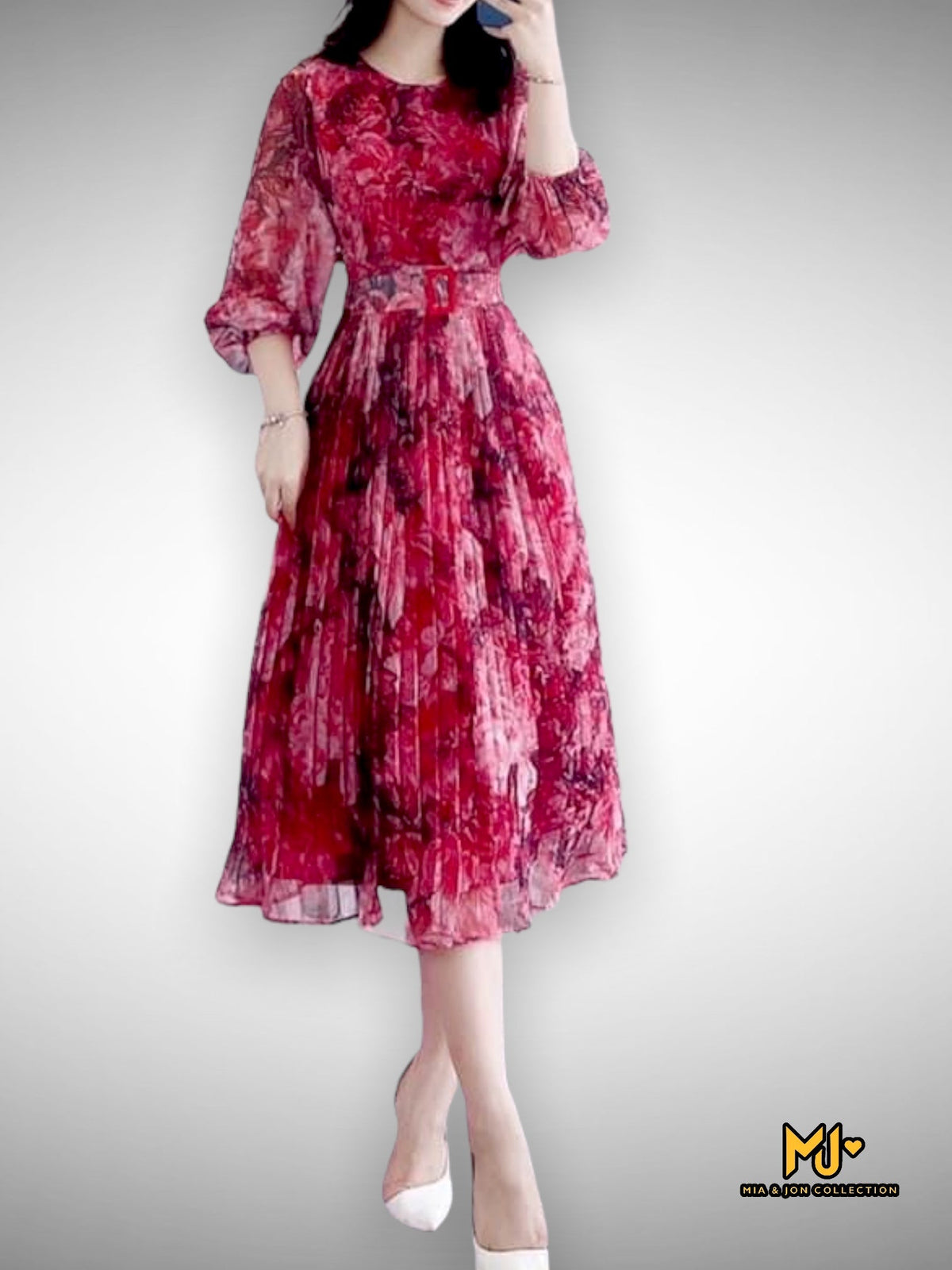 MJV2104 Floral Print Puff Sleeve Pleated Dress With Belt - Mia & Jon