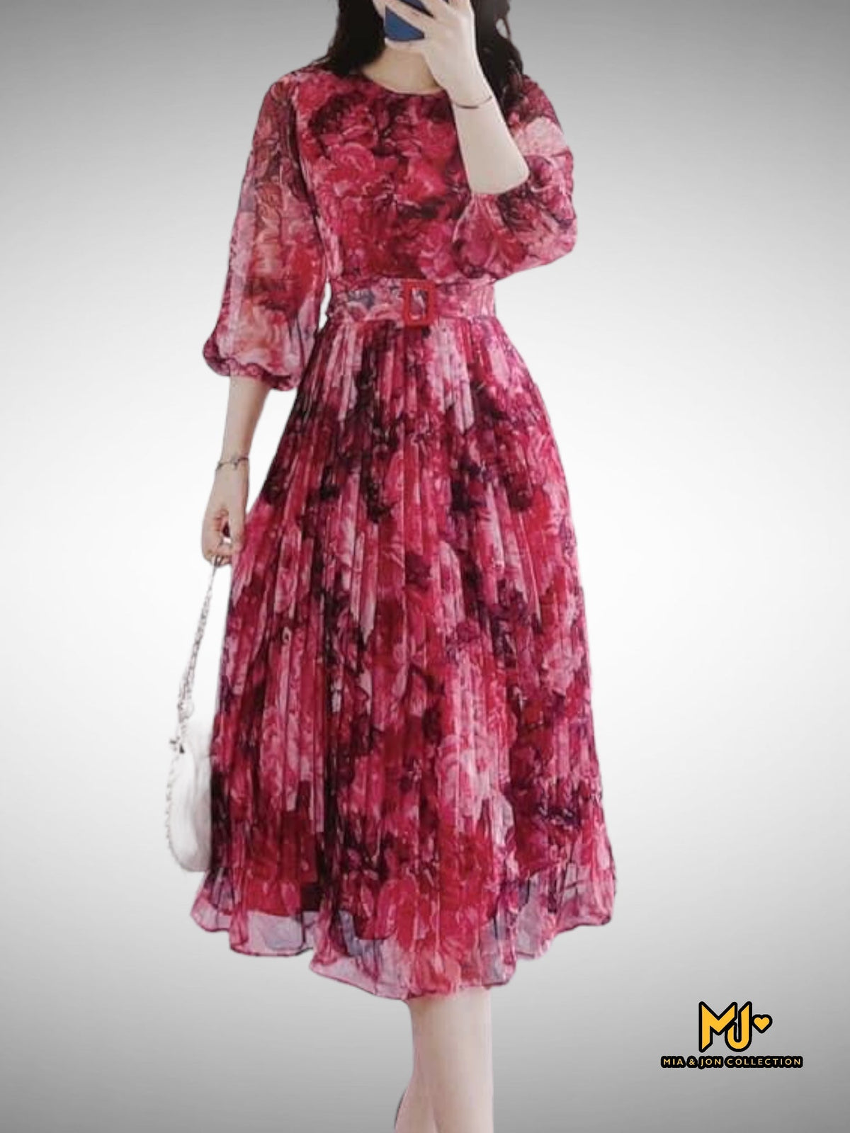 MJV2104 Floral Print Puff Sleeve Pleated Dress With Belt - Mia & Jon