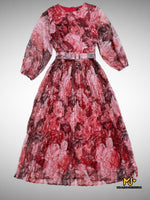 MJV2104 Floral Print Puff Sleeve Pleated Dress With Belt - Mia & Jon