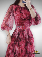MJV2104 Floral Print Puff Sleeve Pleated Dress With Belt - Mia & Jon