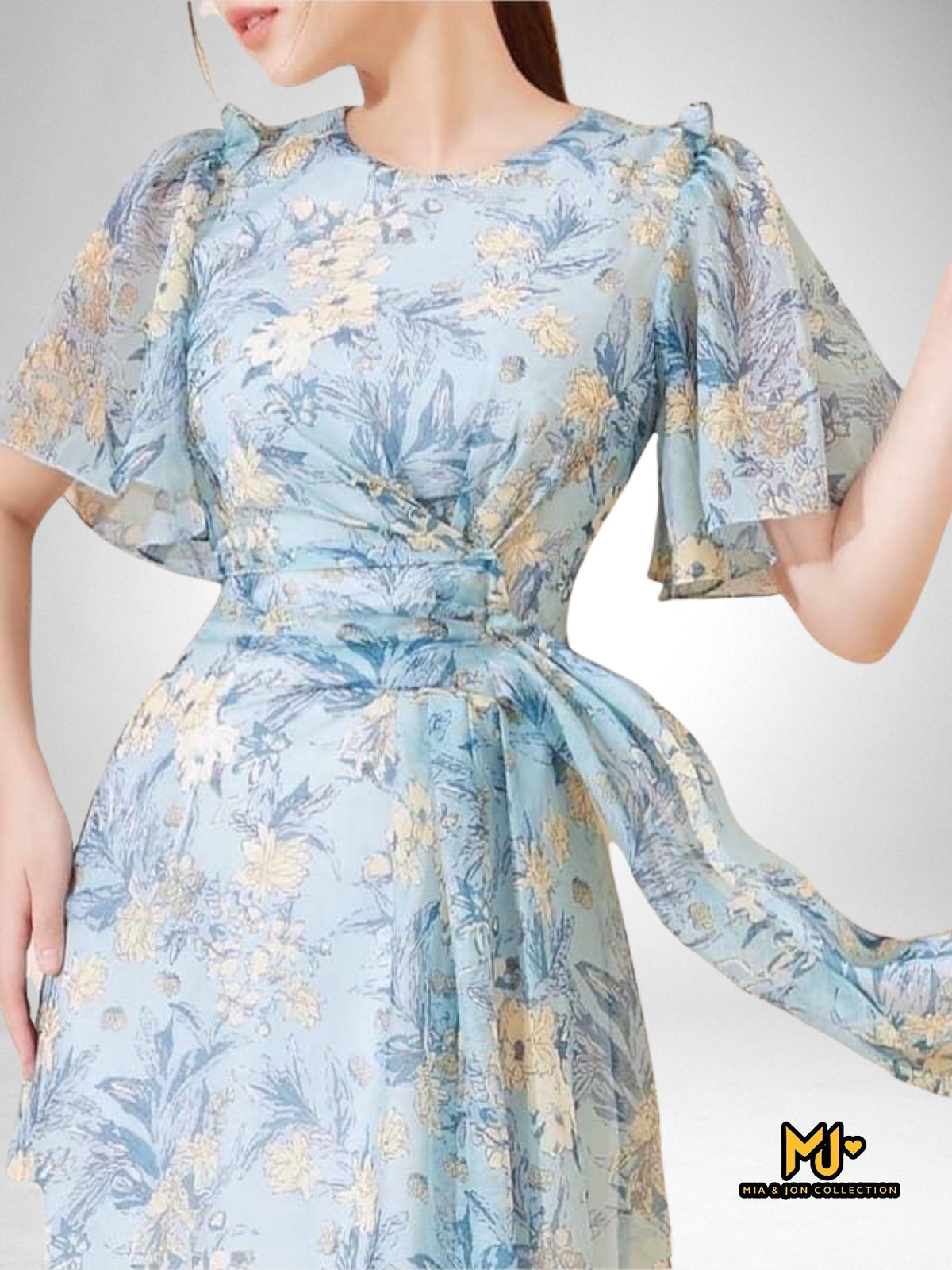 MJV2117 Flirty Floral Flutter Sleeve Dress - Mia & Jon
