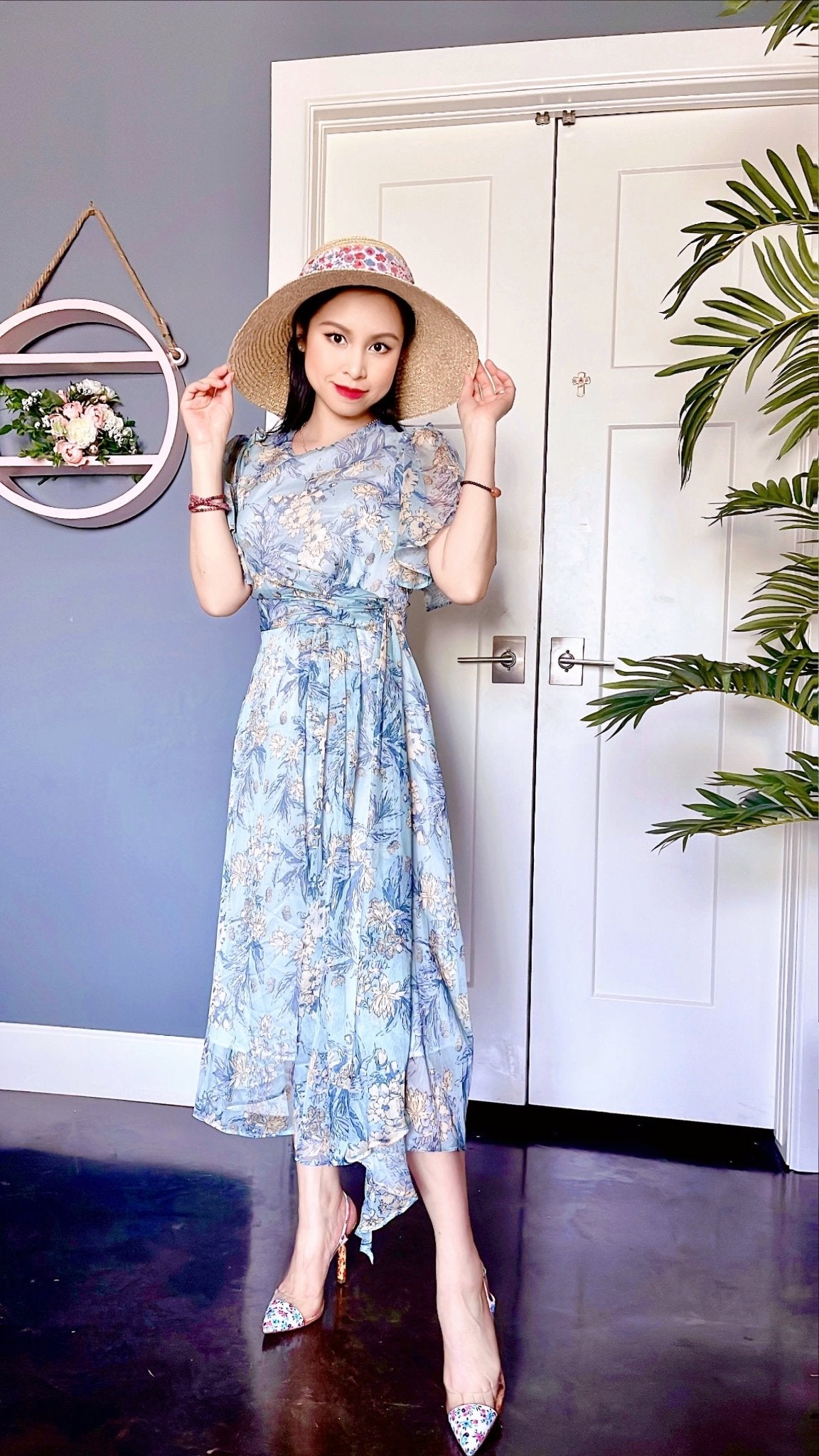 MJV2117 Flirty Floral Flutter Sleeve Dress - Mia & Jon