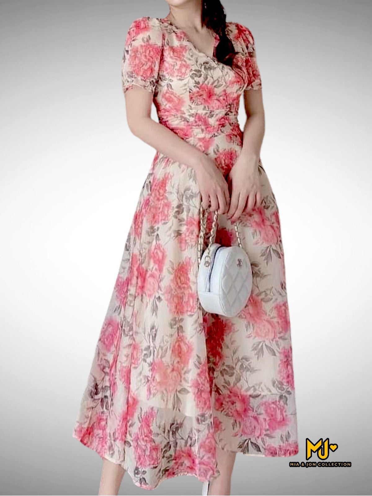 MJV2128 Floral Print Fit & Flare Chiffon Dress - Mia & Jon