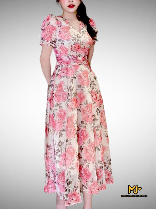 MJV2128 Floral Print Fit & Flare Chiffon Dress - Mia & Jon