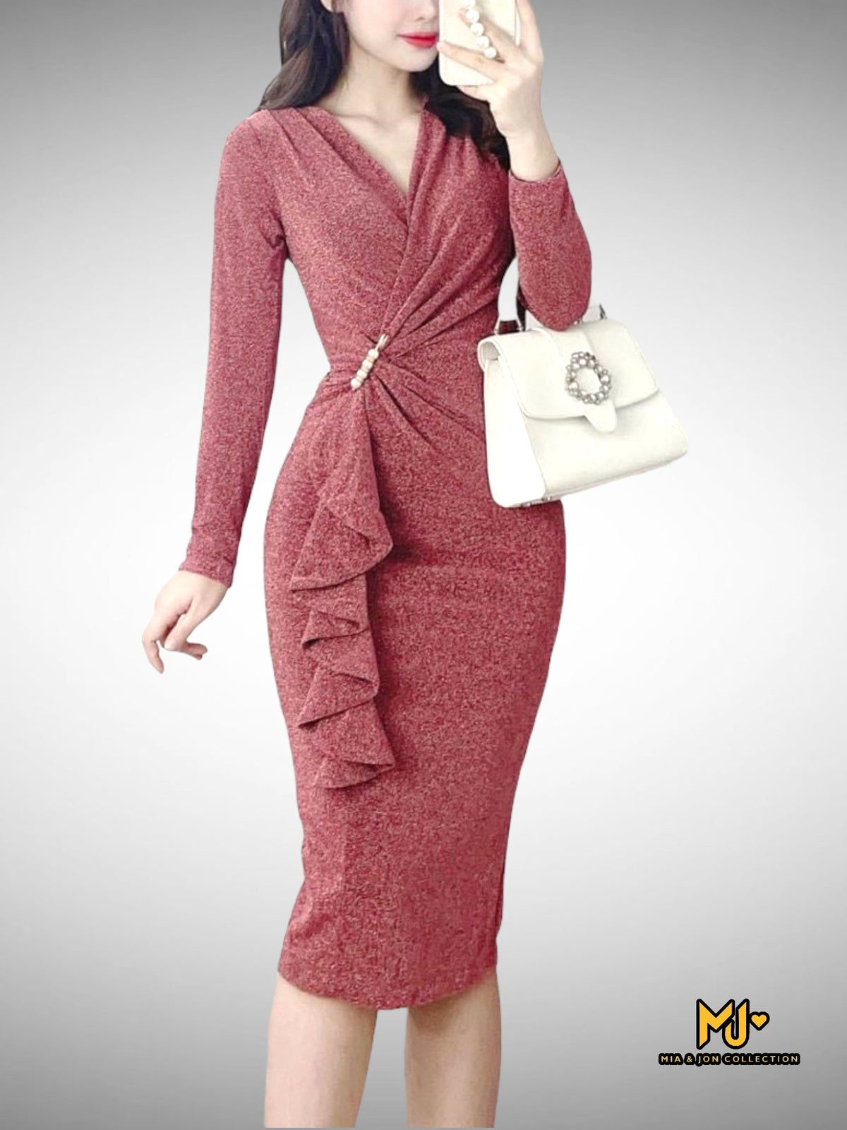 MJV2137 Long Sleeve Ruffle Wrap Bodycon Dress - Mia & Jon