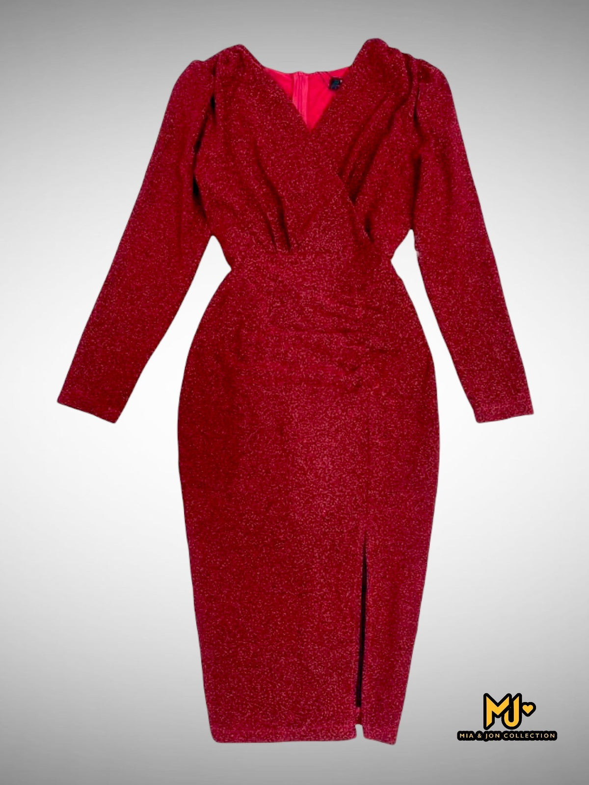 MJV2139 Long Sleeve High Slit Wrap Bodycon Dress - Mia & Jon