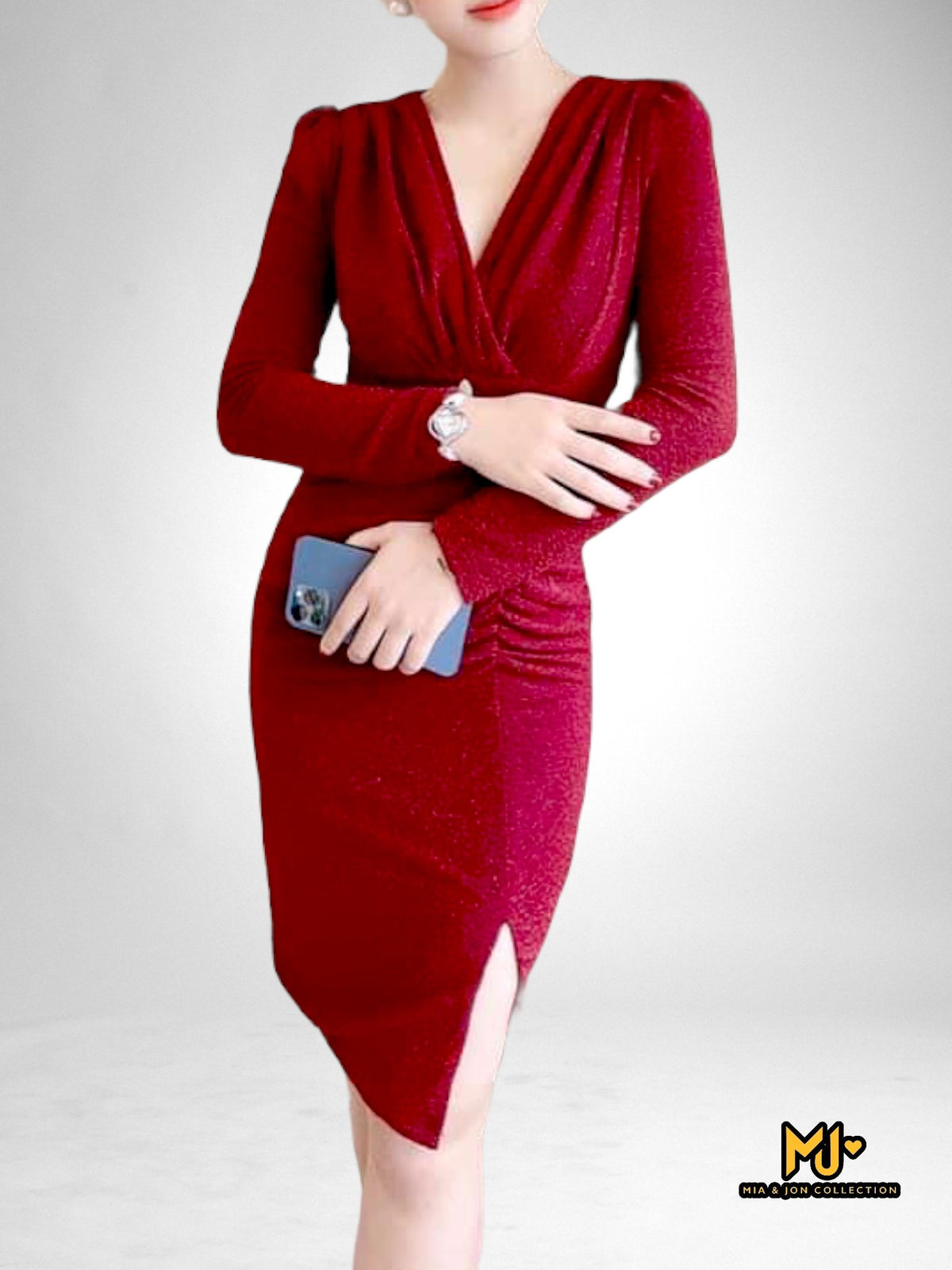MJV2139 Long Sleeve High Slit Wrap Bodycon Dress - Mia & Jon
