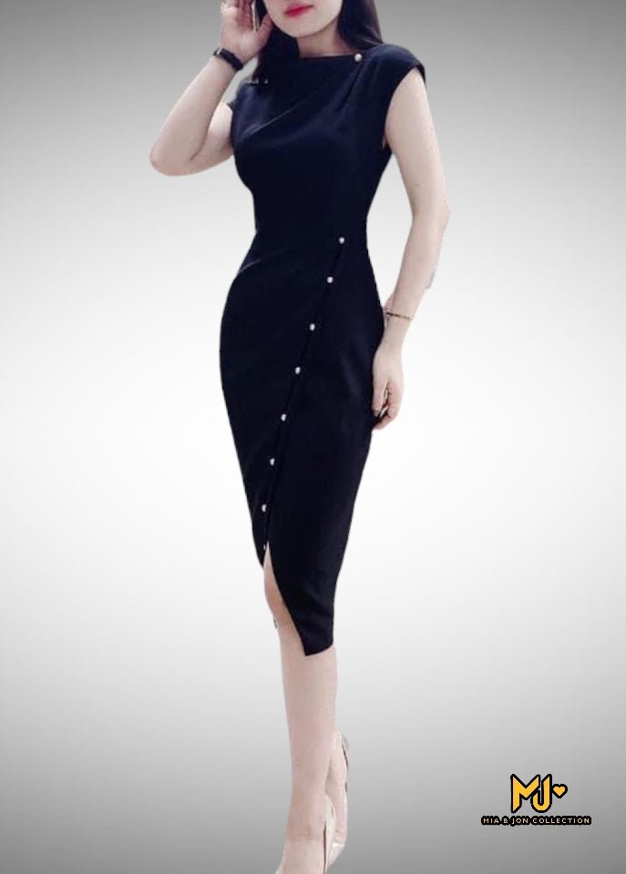 MJV836 Elegant Faux Wrap Body-Con Dress - Mia & Jon