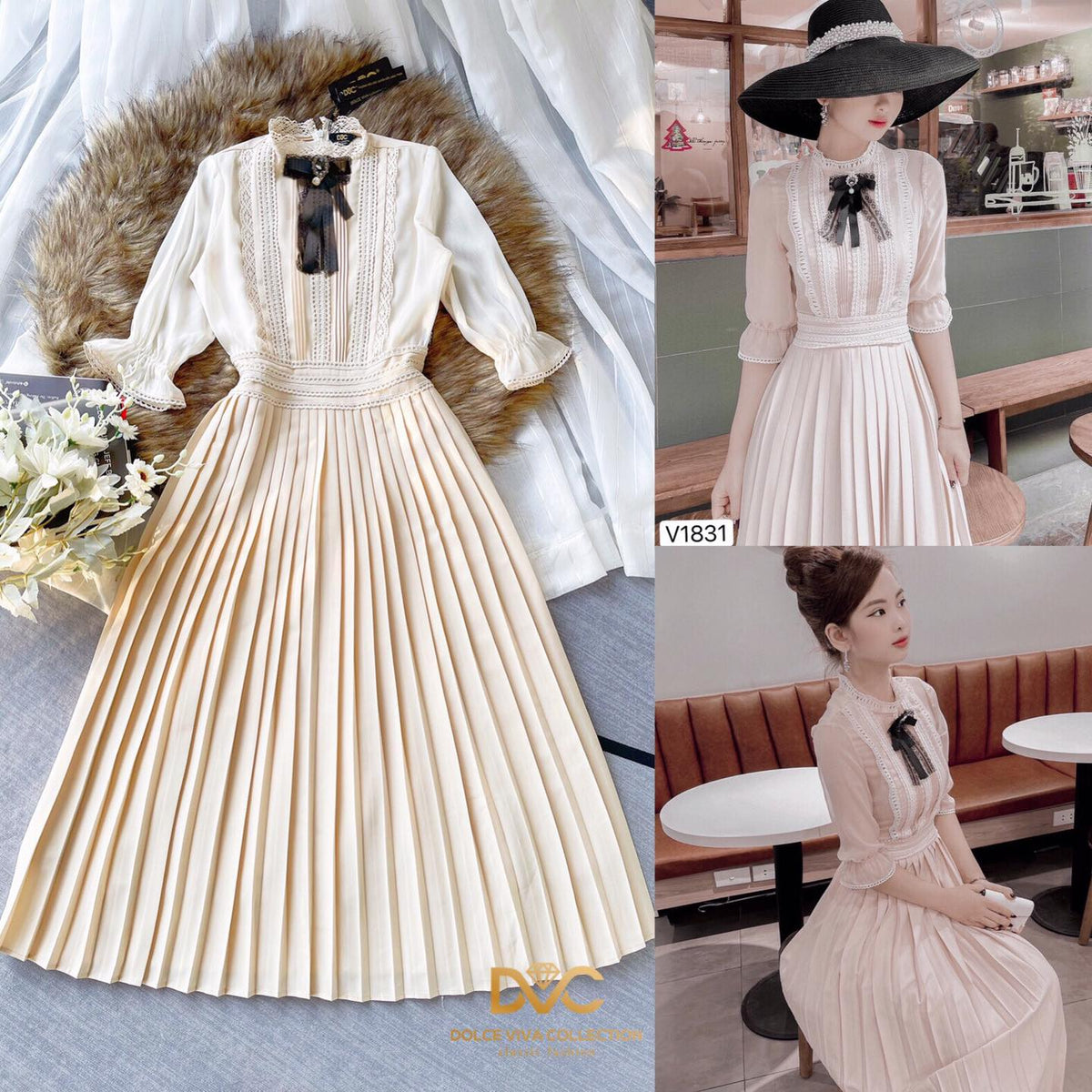 MJVV1831 Vintage Pleated Hem Dress - Mia & Jon