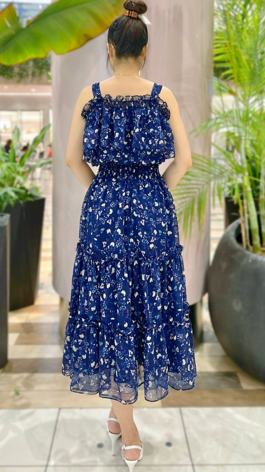 Navy Floral Print Cold-Shoulder Ruffle Chiffon Midi Dress - Mia & Jon