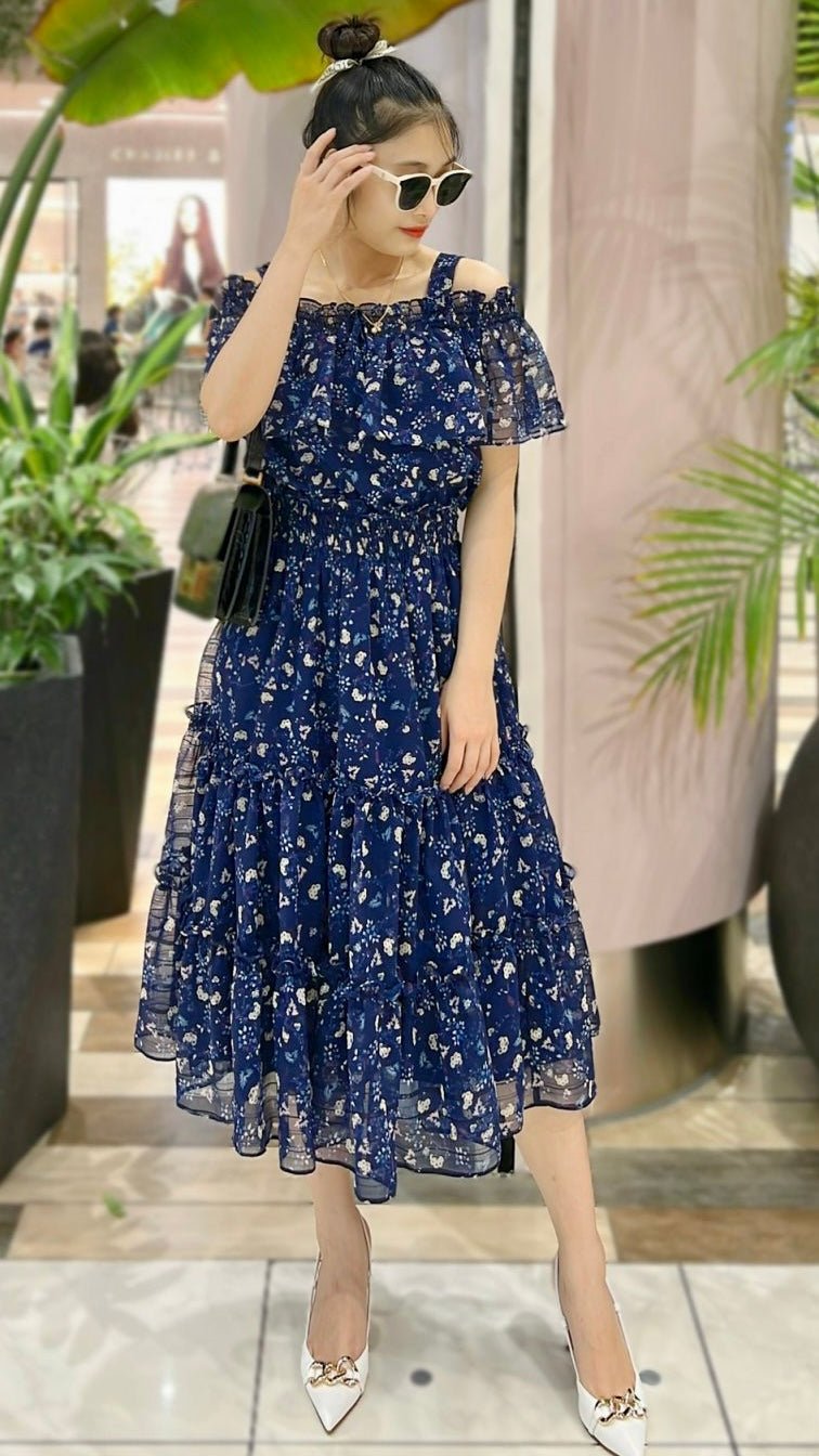 Navy Floral Print Cold-Shoulder Ruffle Chiffon Midi Dress - Mia & Jon