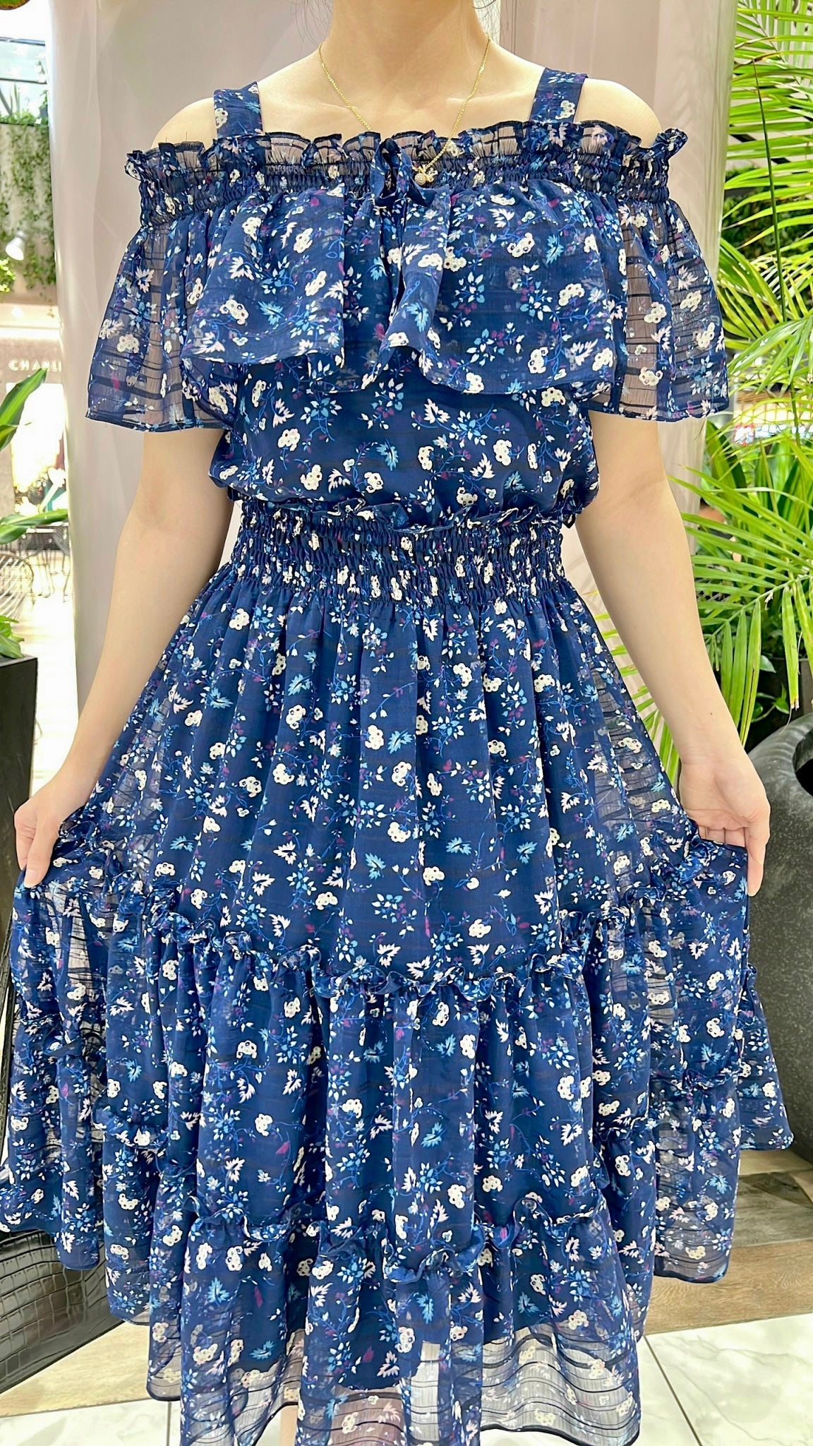 Navy Floral Print Cold-Shoulder Ruffle Chiffon Midi Dress - Mia & Jon S Navy Floral Print Cold-Shoulder Ruffle Chiffon Midi Dress - Mia & Jon S