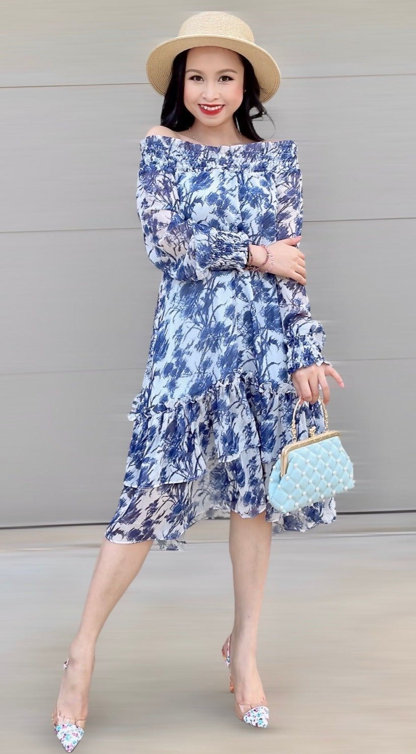 Off-Shoulder Floral Chiffon Mini Dress - Mia & Jon