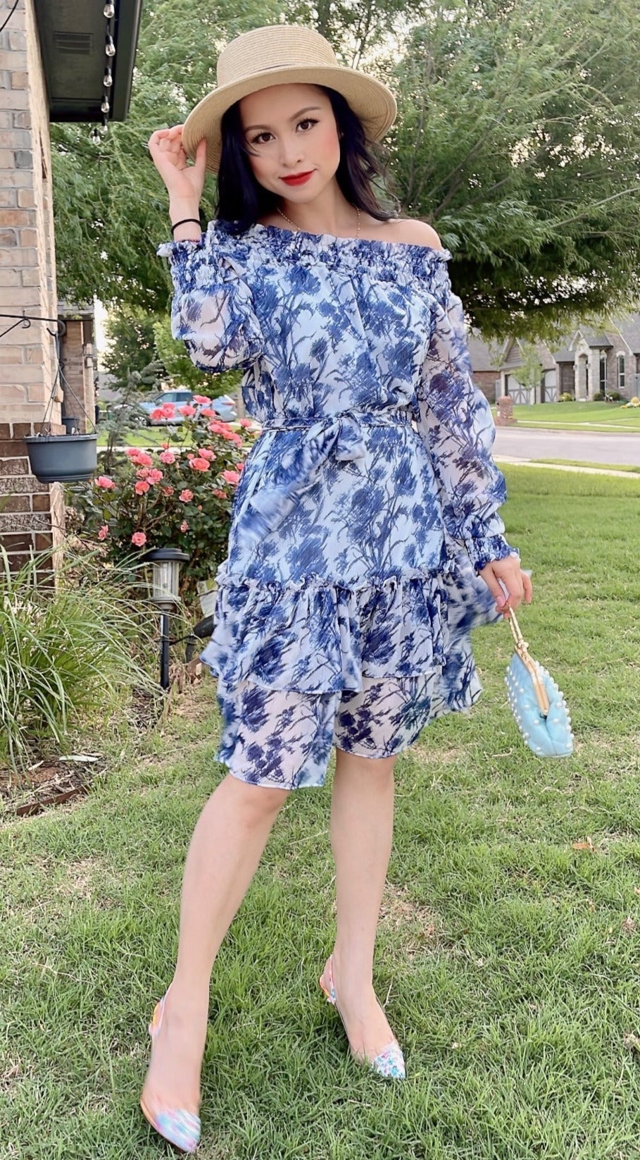 Off-Shoulder Floral Chiffon Mini Dress